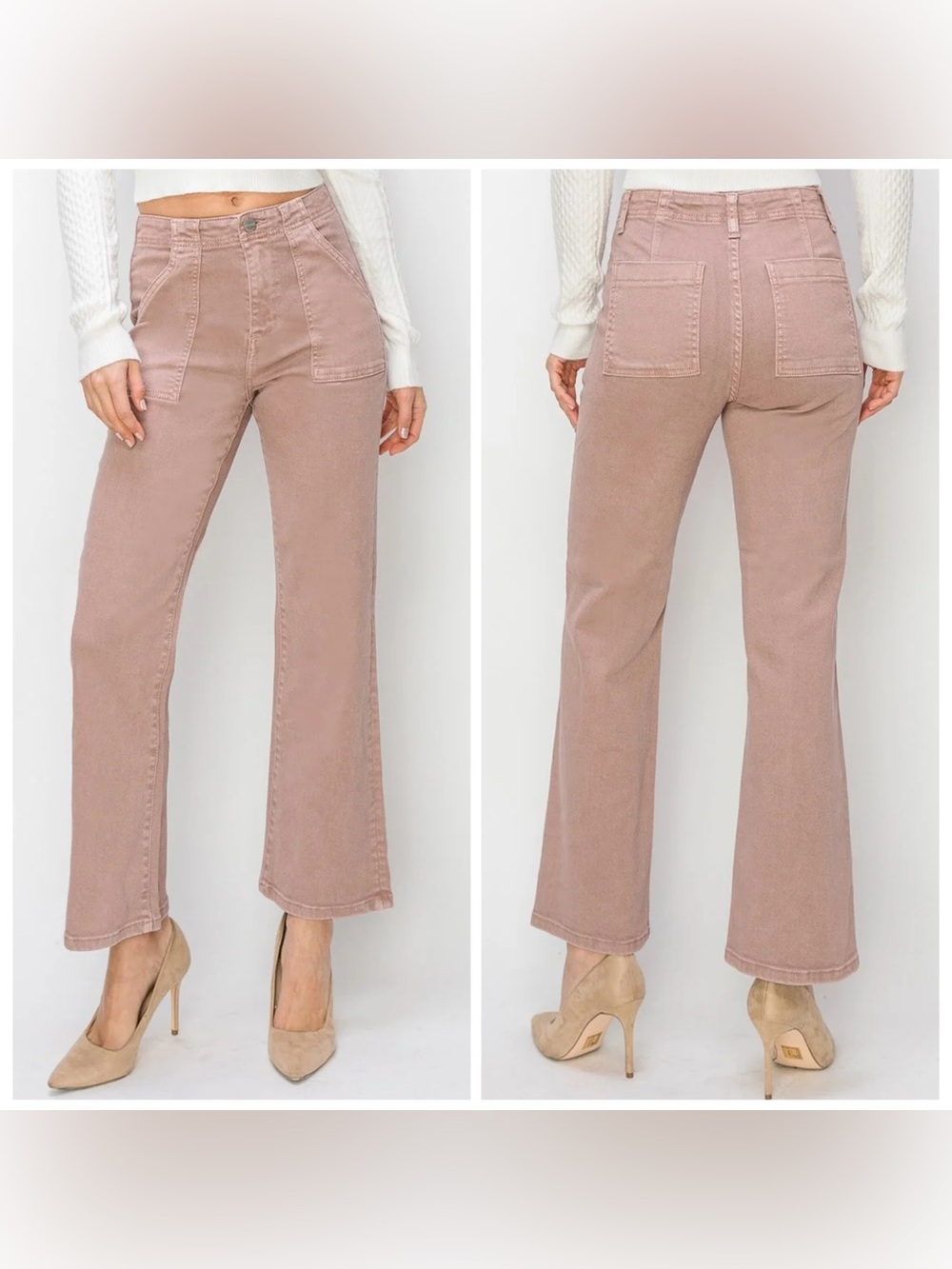 Risen Jeans Front Patch Pocket Ankle Flare High Ride Jeans Dusty Rose Mauve EUC